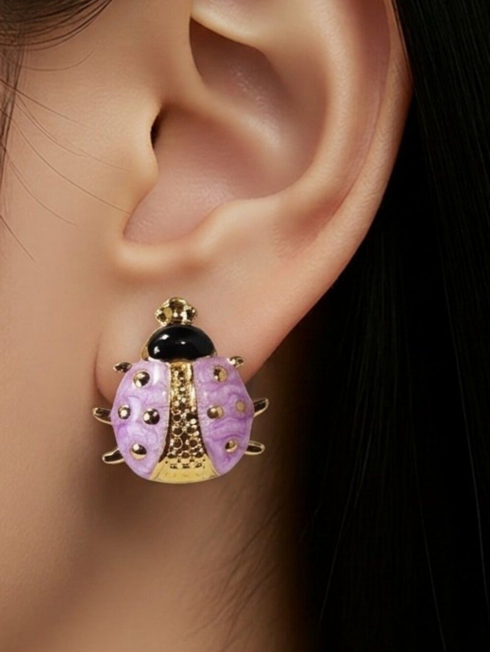 Gold Purple Ladybug Stud Earrings Stainless Steel Oil Drop Cute Bug Jewelry